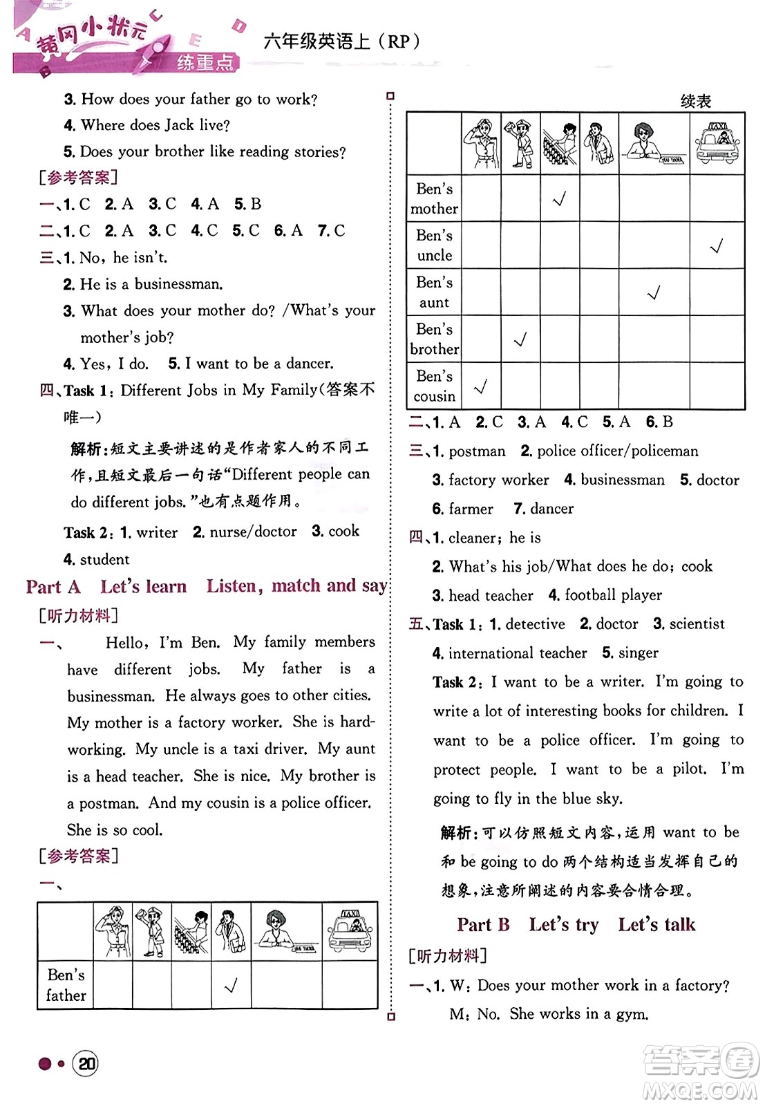 龍門書局2023年秋黃岡小狀元練重點(diǎn)培優(yōu)同步作業(yè)六年級(jí)英語(yǔ)上冊(cè)人教PEP版答案