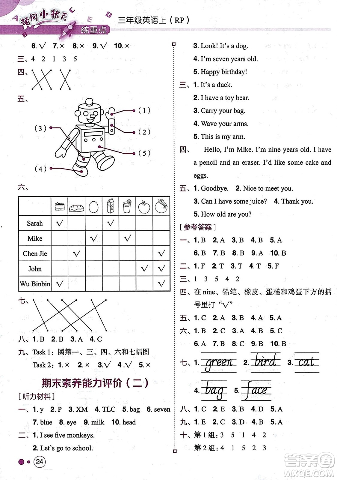 龍門書局2023年秋黃岡小狀元練重點培優(yōu)同步作業(yè)三年級英語上冊人教PEP版答案