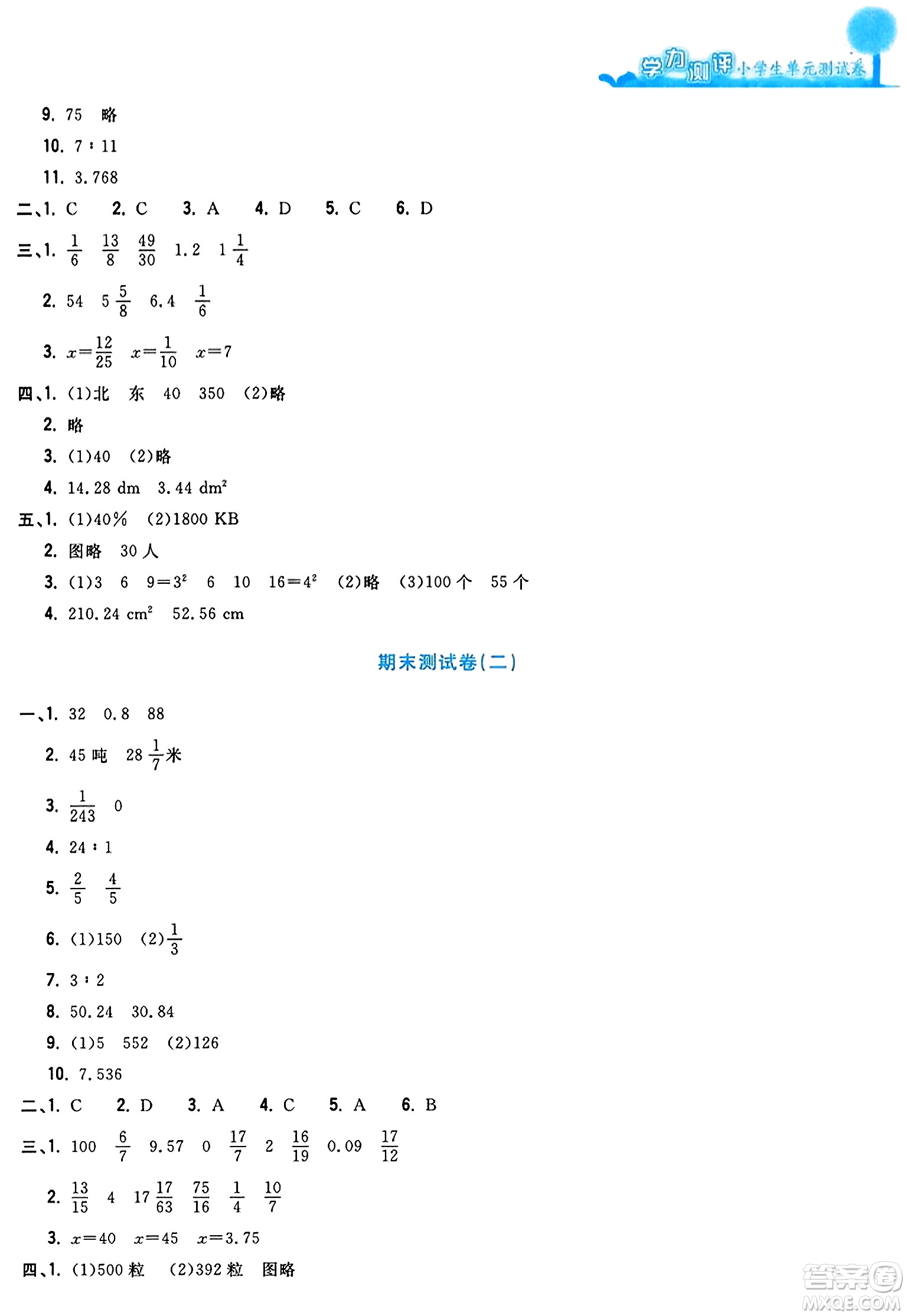 浙江工商大學出版社2023年秋學力測評小學生單元測試卷六年級數(shù)學上冊人教版答案