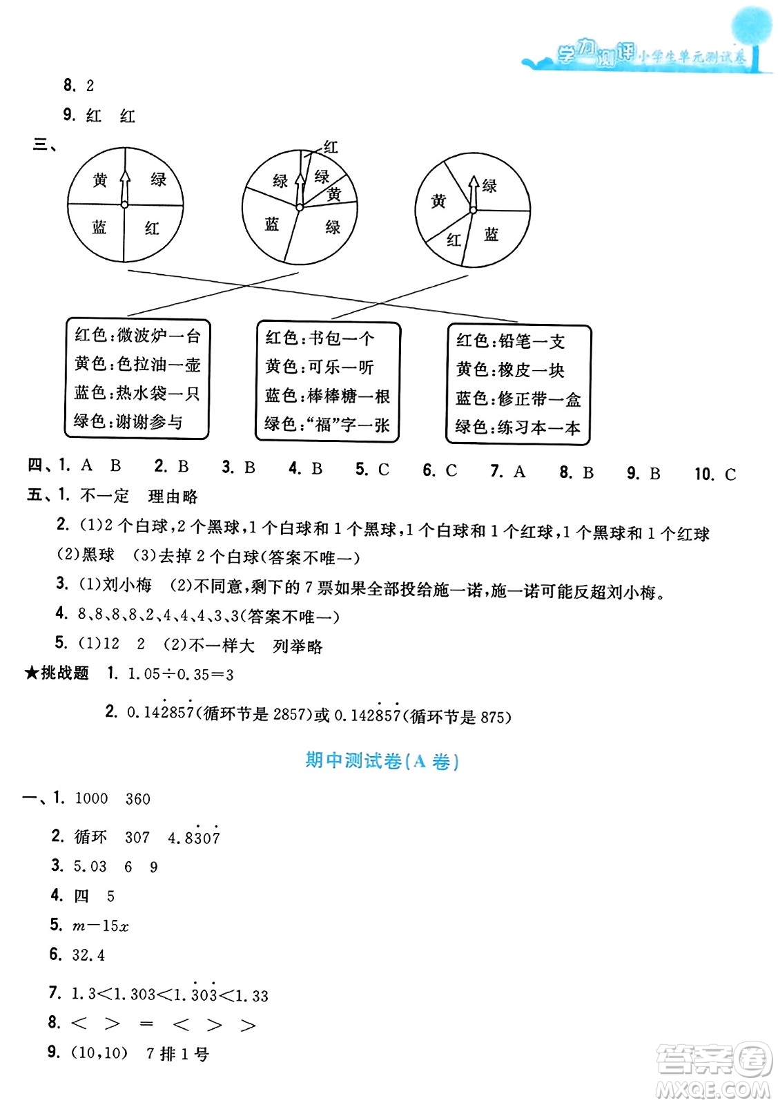 浙江工商大學(xué)出版社2023年秋學(xué)力測評小學(xué)生單元測試卷五年級數(shù)學(xué)上冊人教版答案