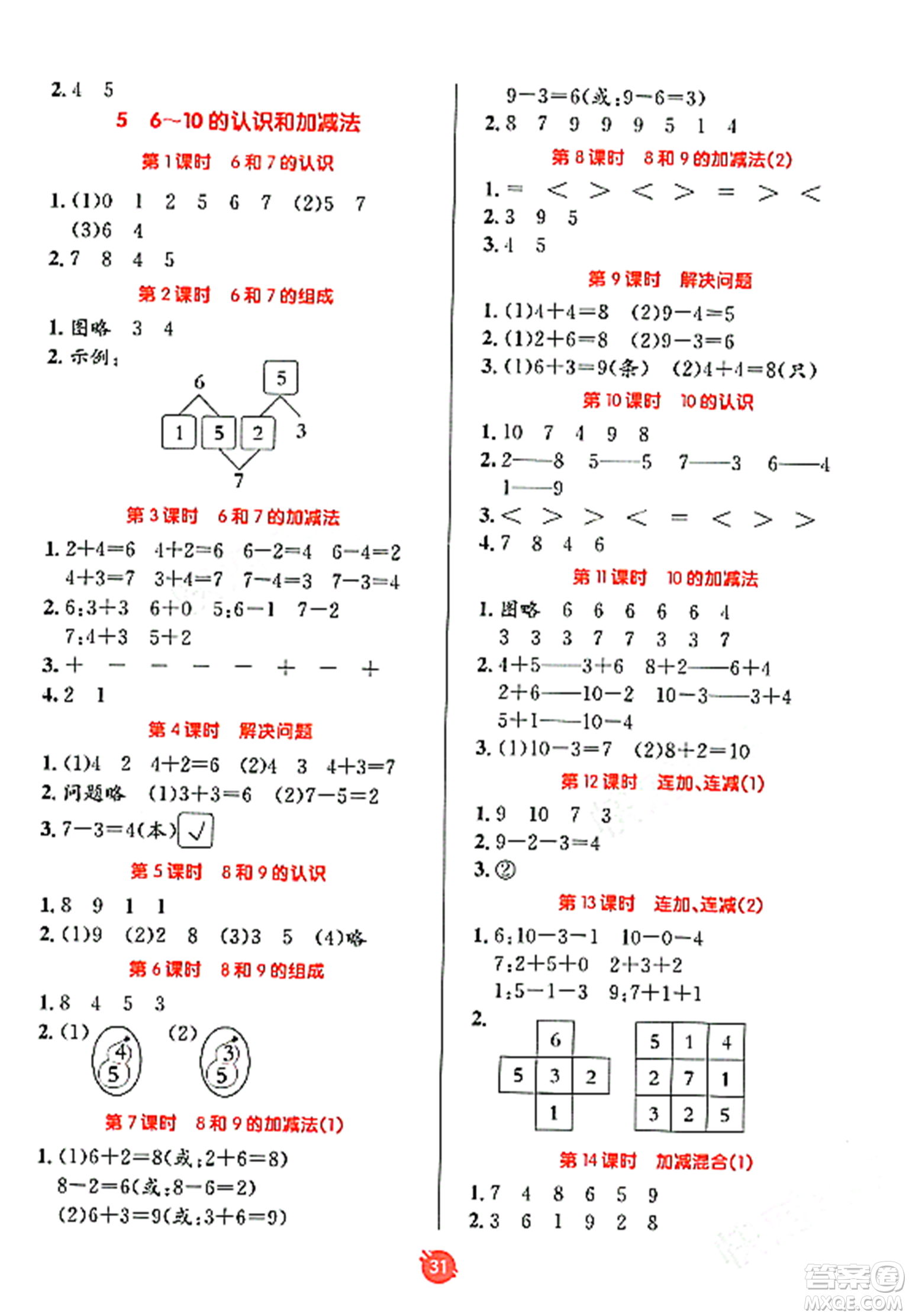 新疆青少年出版社2023年秋同行課課100分過關(guān)作業(yè)一年級數(shù)學上冊人教版答案