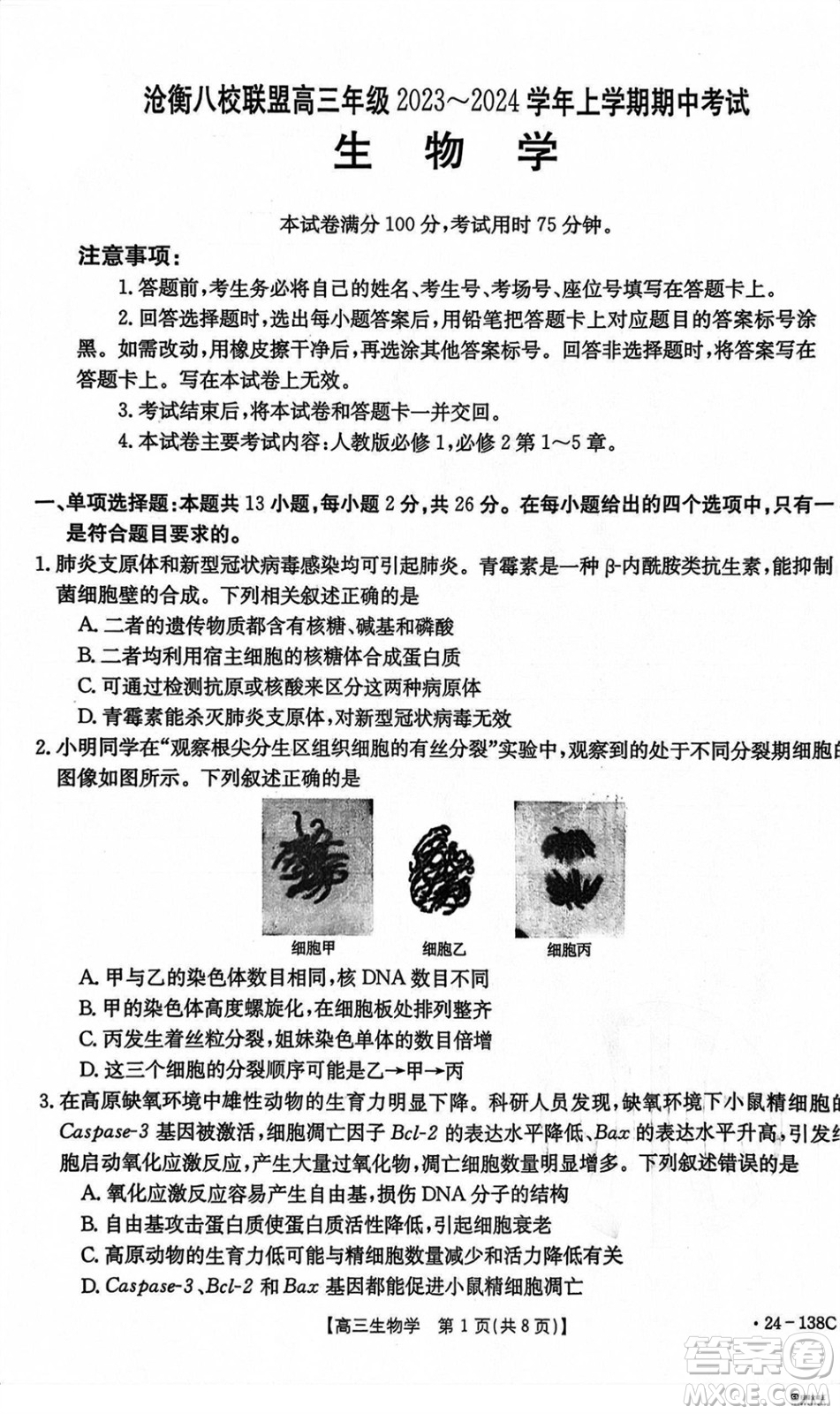 河北滄衡八校聯(lián)盟2024屆高三上學(xué)期期中考試金太陽138C生物試題答案