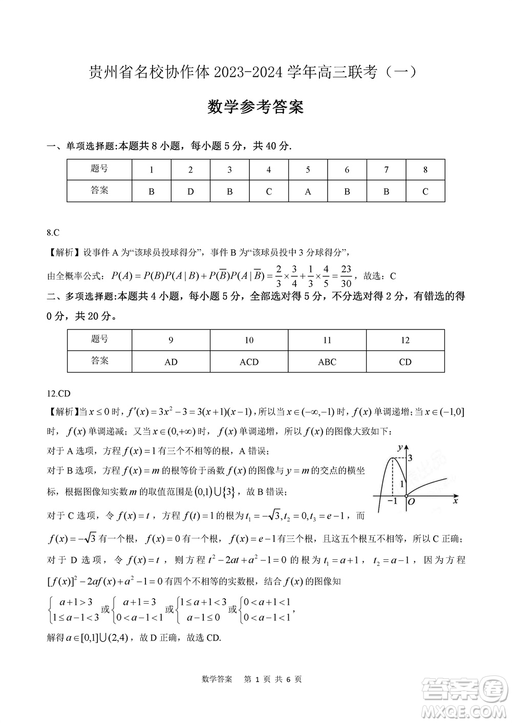 貴州名校協(xié)作體2023-2024學(xué)年高三上學(xué)期11月聯(lián)考一數(shù)學(xué)參考答案