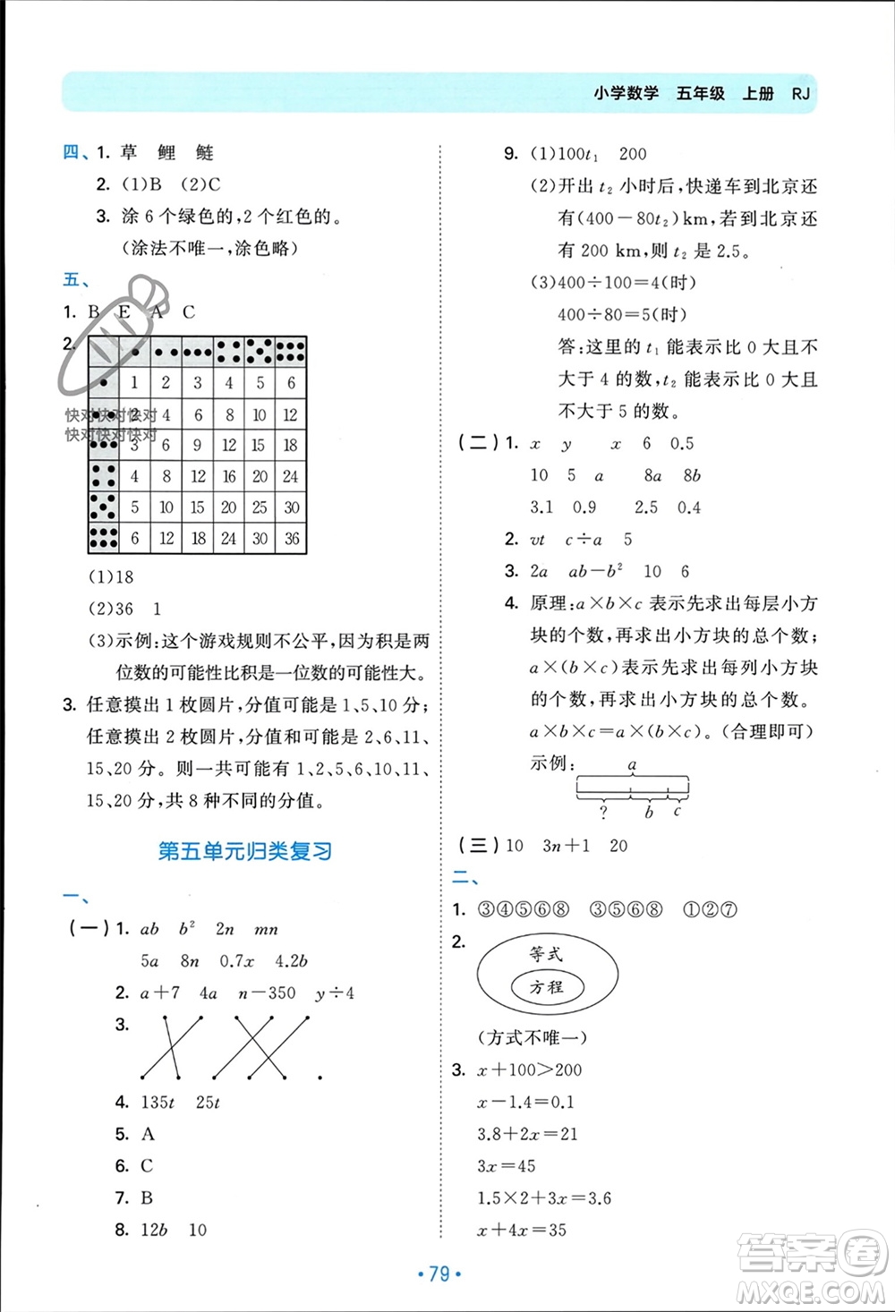 首都師范大學(xué)出版社2023年秋53單元?dú)w類復(fù)習(xí)五年級(jí)數(shù)學(xué)上冊(cè)人教版參考答案