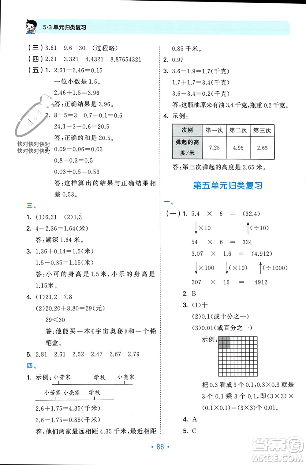 首都師范大學(xué)出版社2023年秋53單元歸類復(fù)習(xí)五年級數(shù)學(xué)上冊蘇教版參考答案