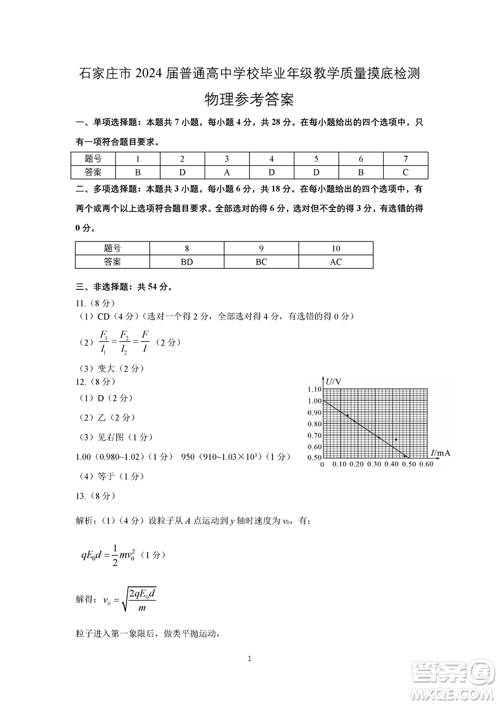 石家莊市2024屆高三上學期11月教學質量摸底檢測物理答案