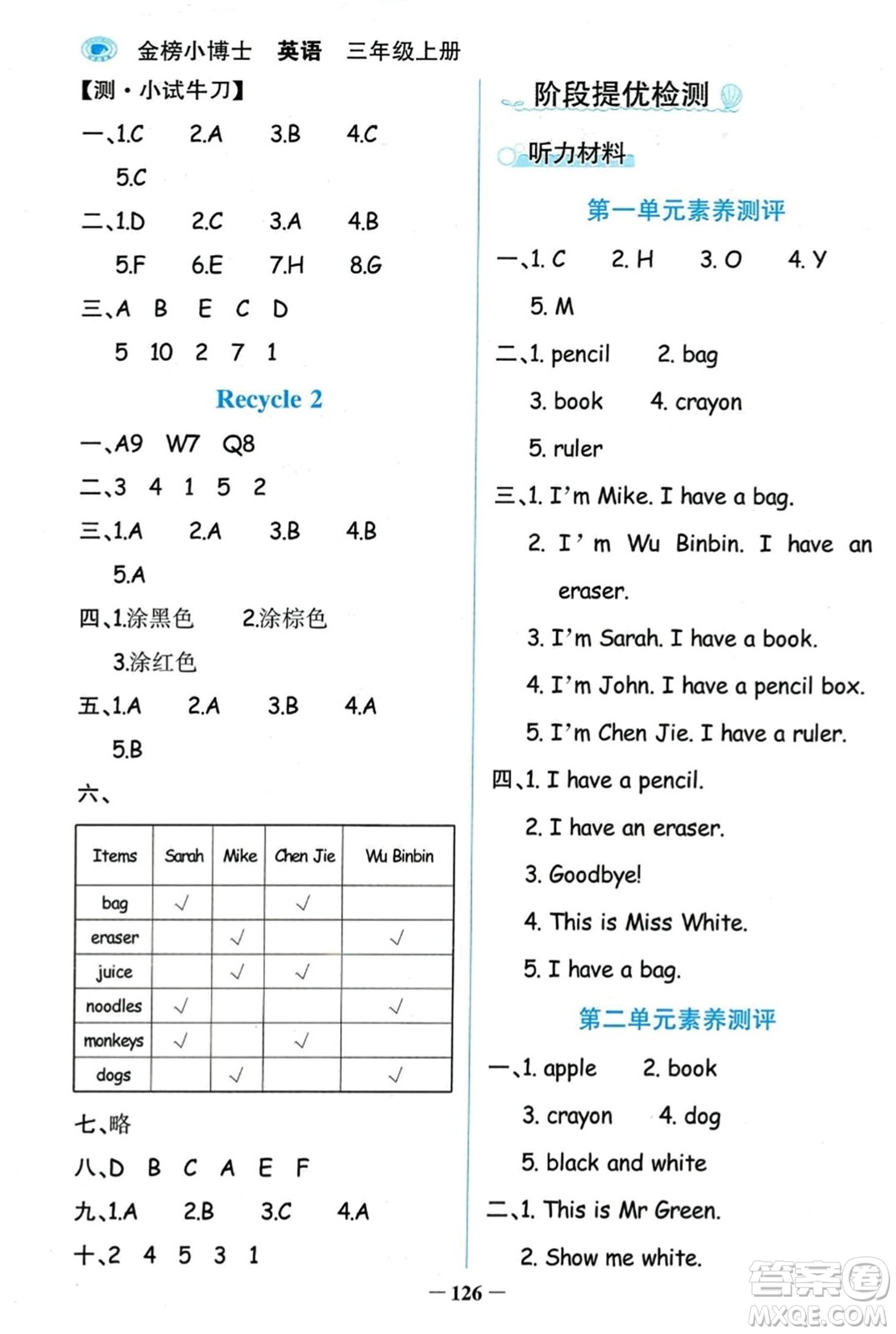 遼寧少年兒童出版社2023年秋世紀金榜金榜小博士三年級英語上冊通用版答案