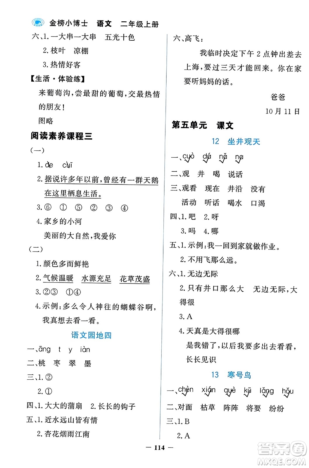 延邊大學(xué)出版社2023年秋世紀(jì)金榜金榜小博士二年級語文上冊部編版答案