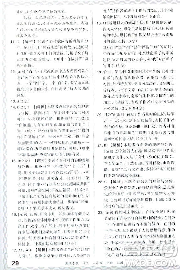 江西人民出版社2023年秋王朝霞各地期末試卷精選八年級語文上冊人教版湖北專版答案