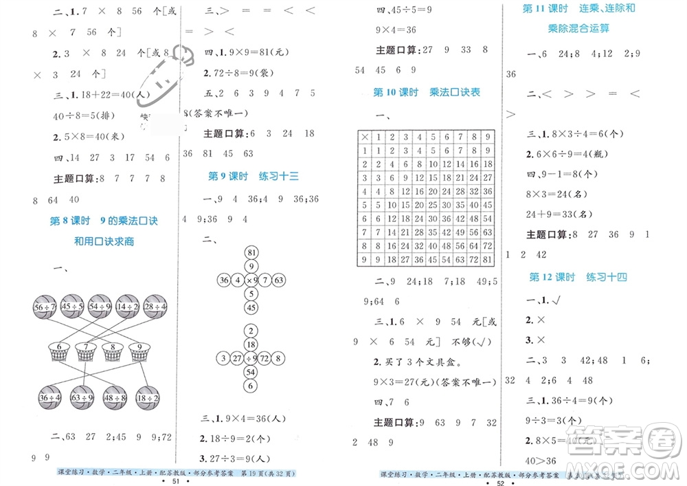 貴州教育出版社2023年秋課堂練習二年級數(shù)學上冊蘇教版參考答案