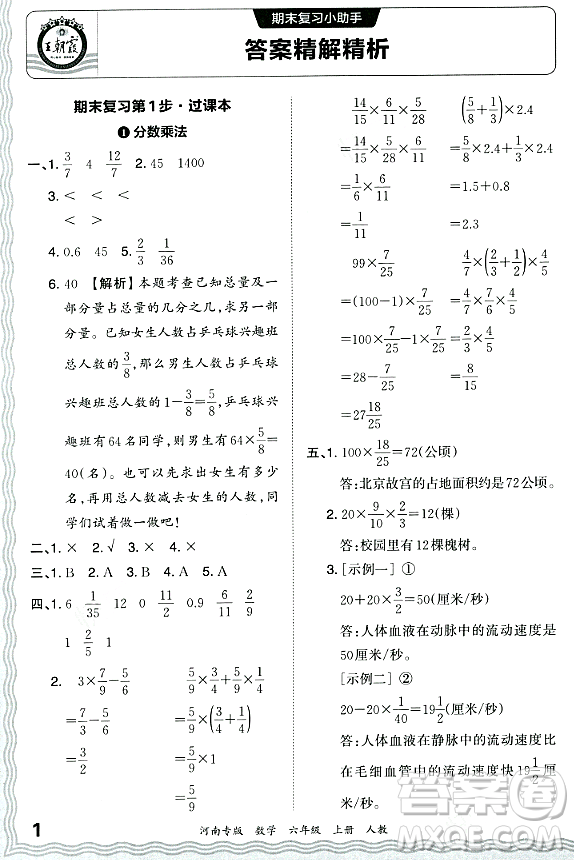 江西人民出版社2023年秋王朝霞各地期末試卷精選六年級數(shù)學上冊人教版河南專版答案