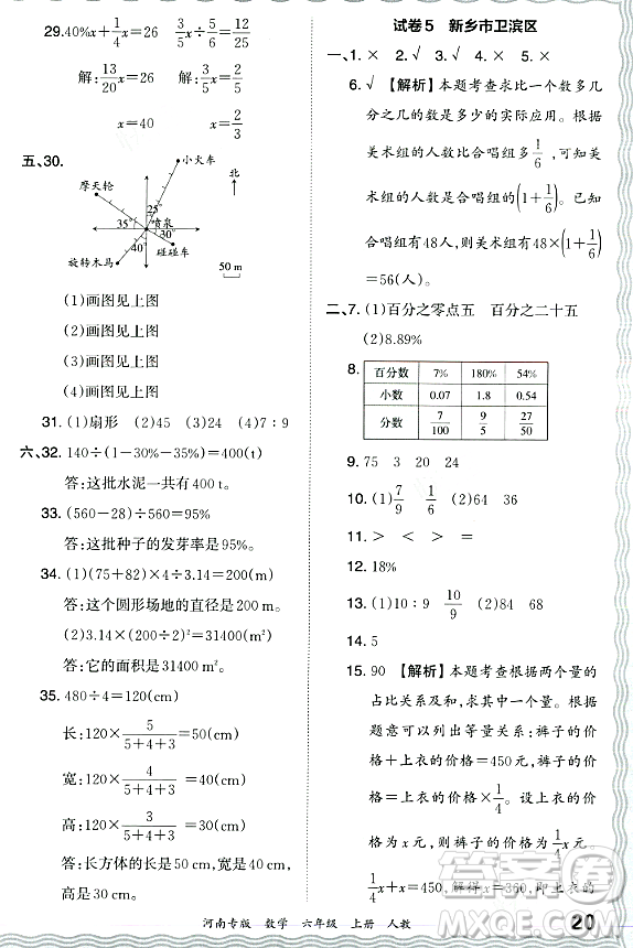 江西人民出版社2023年秋王朝霞各地期末試卷精選六年級數(shù)學上冊人教版河南專版答案