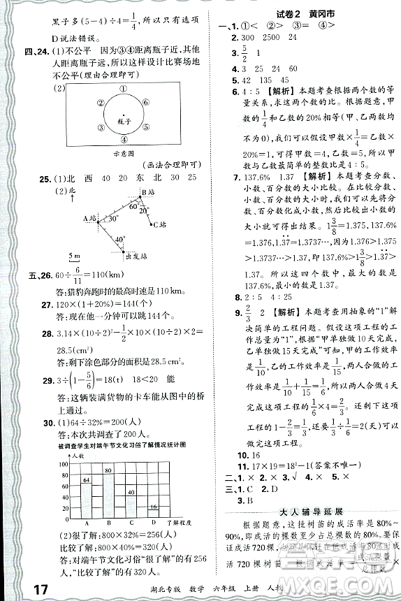 江西人民出版社2023年秋王朝霞各地期末試卷精選六年級數(shù)學(xué)上冊人教版湖北專版答案