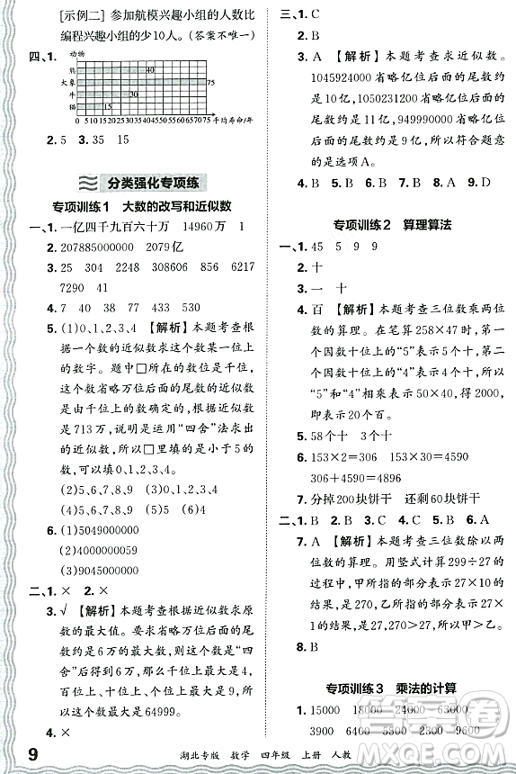 江西人民出版社2023年秋王朝霞各地期末試卷精選四年級數(shù)學(xué)上冊人教版湖北專版答案