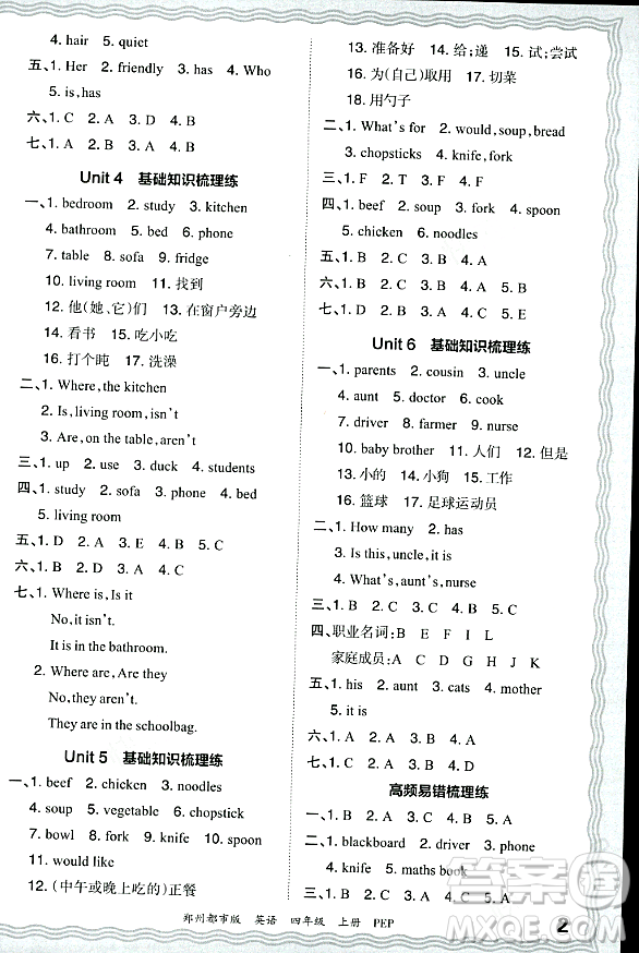 江西人民出版社2023年秋王朝霞期末真題精編四年級英語上冊人教PEP版鄭州專版答案