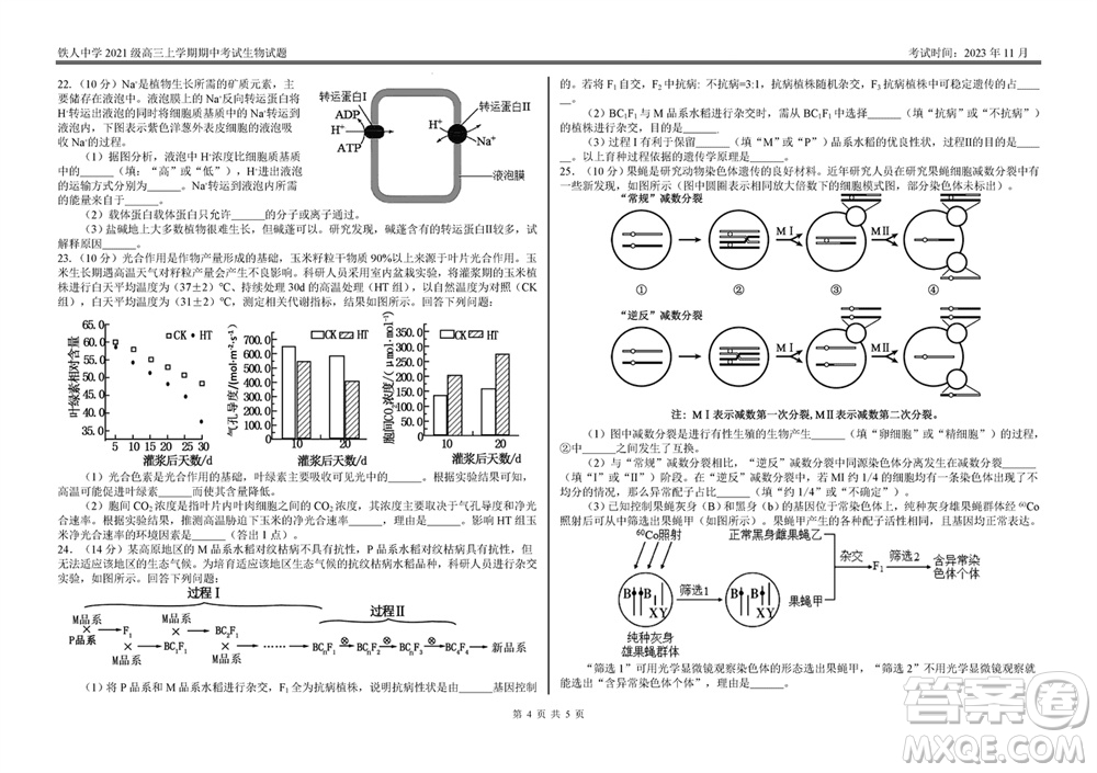 鐵人中學(xué)2021級高三上學(xué)期11月期中考試生物參考答案