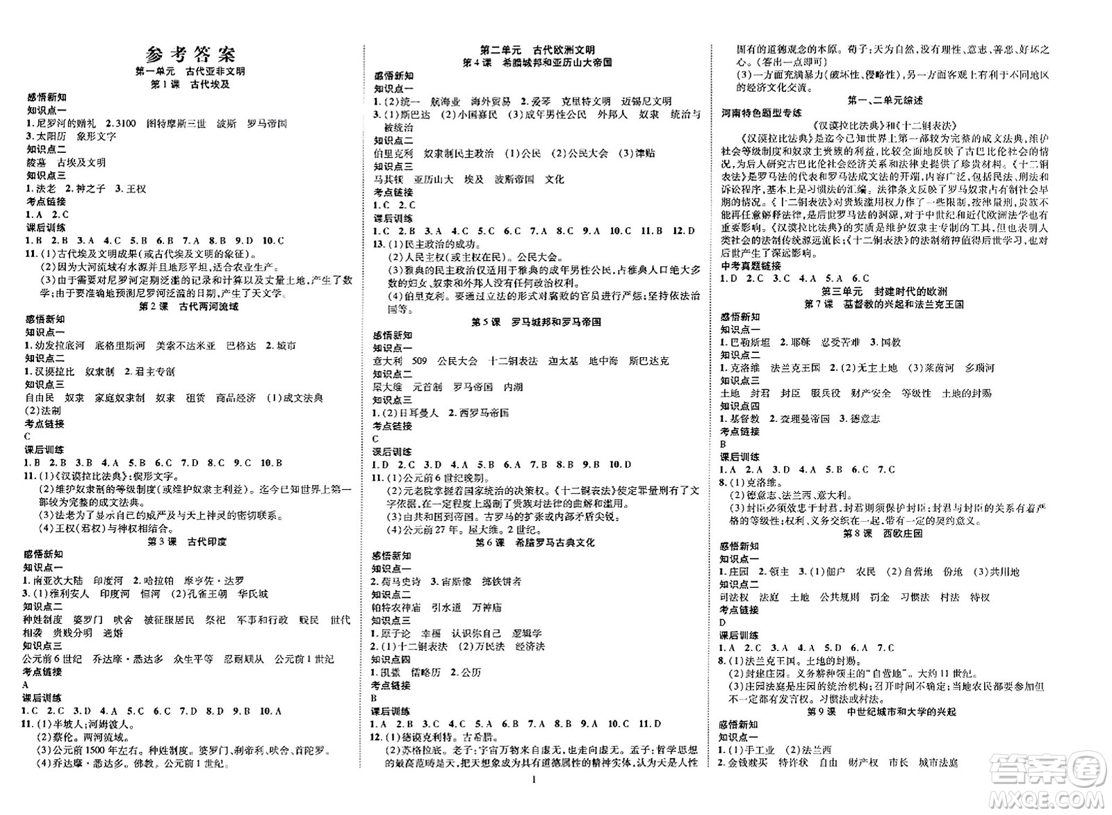 延邊教育出版社2023年秋暢行課堂九年級歷史上冊人教版答案