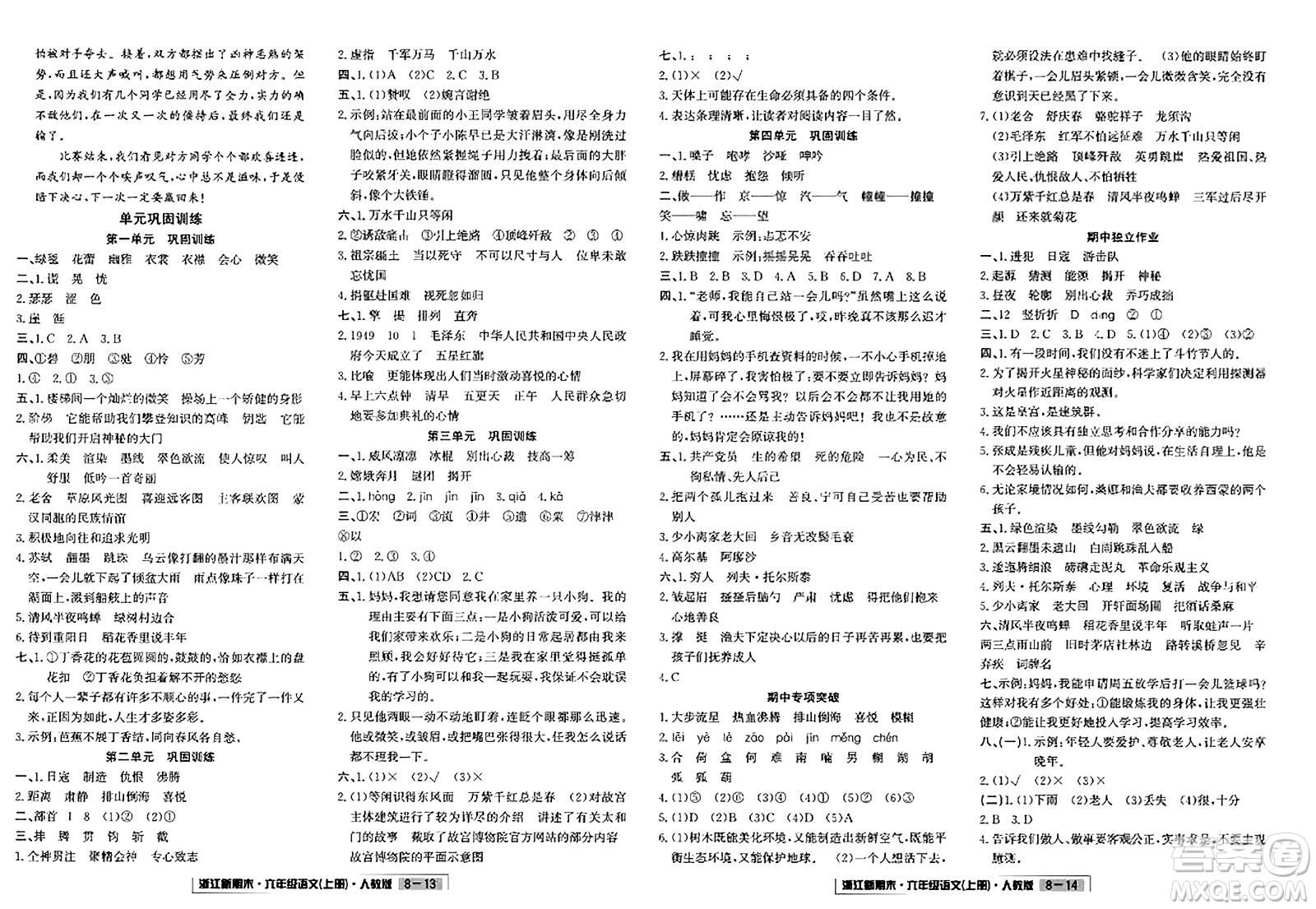 延邊人民出版社2023年秋浙江新期末六年級語文上冊人教版浙江專版答案