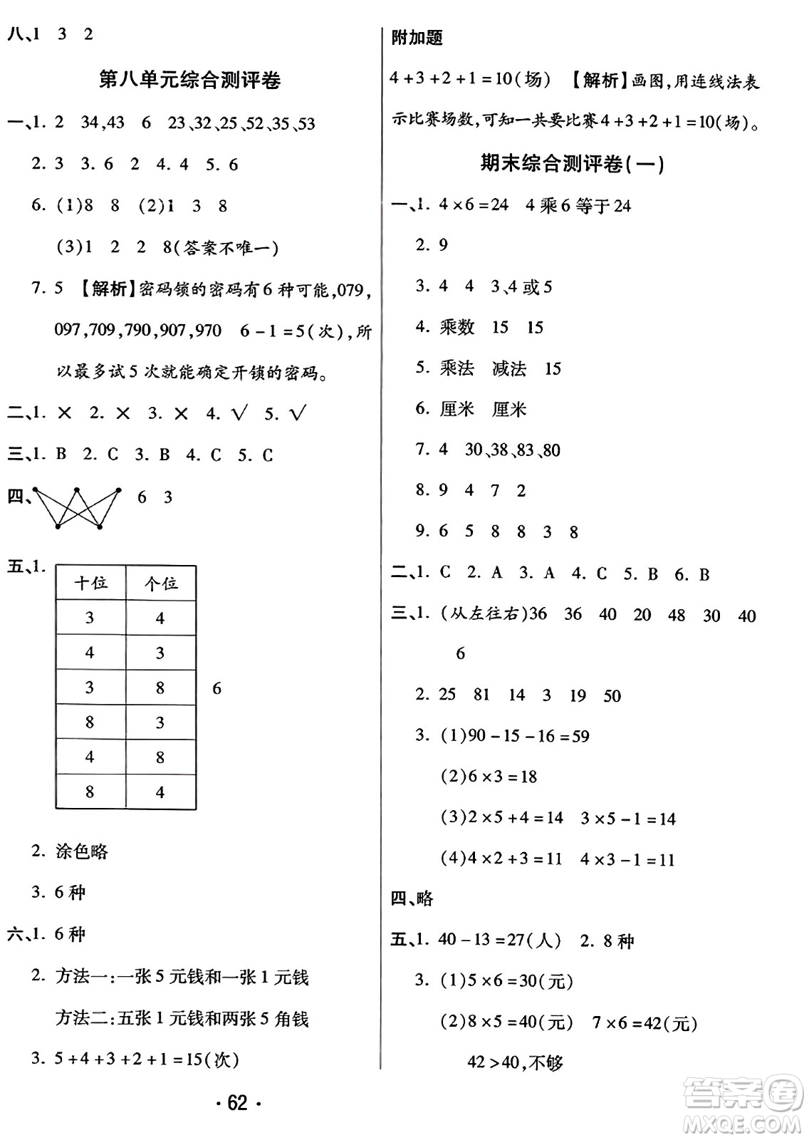 黑龍江美術(shù)出版社2023年秋黃岡金榜大考卷期末必刷二年級數(shù)學上冊人教版答案