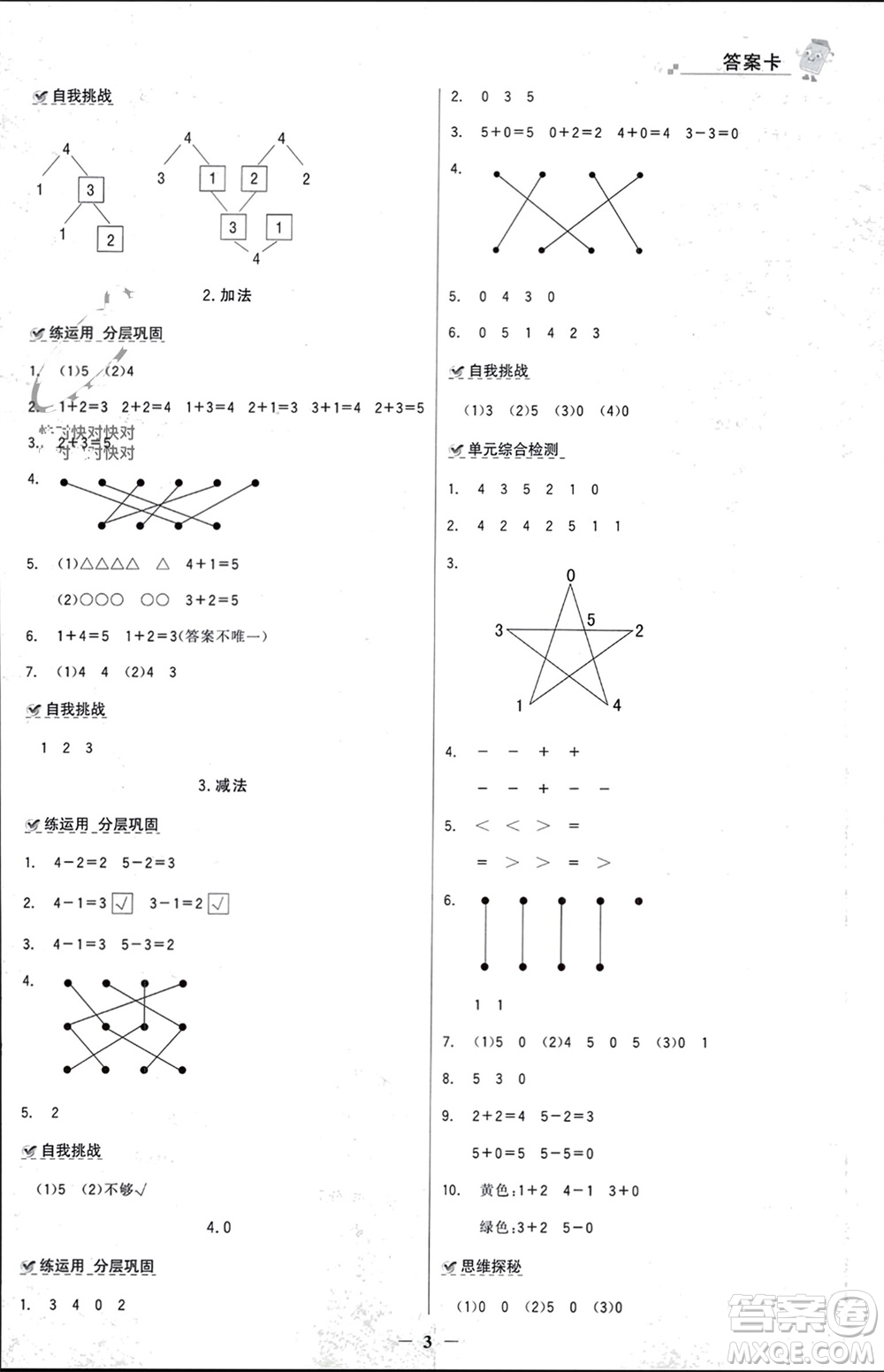 遼寧少年兒童出版社2023年秋世紀(jì)金榜金榜大講堂全彩筆記一年級數(shù)學(xué)上冊通用版參考答案