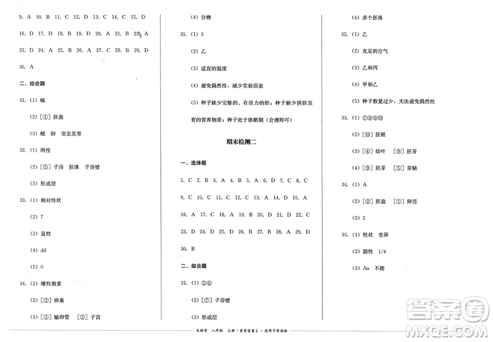 四川教育出版社2023年秋學(xué)情點(diǎn)評(píng)八年級(jí)生物上冊(cè)濟(jì)南版參考答案