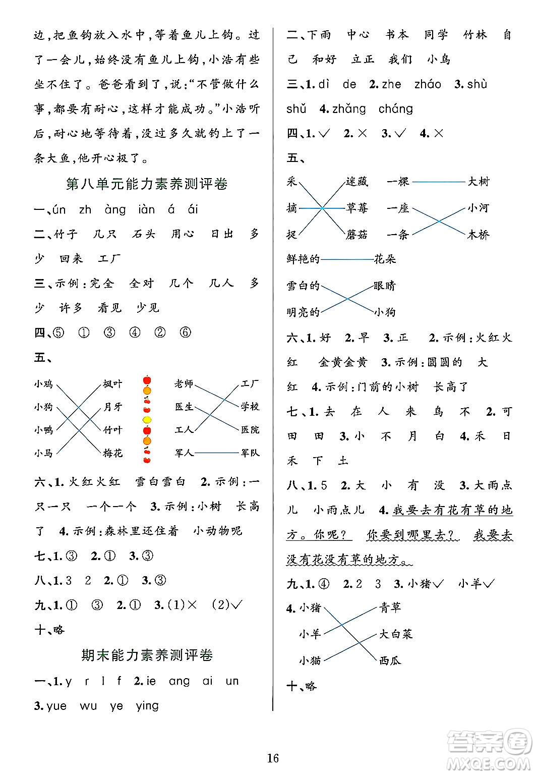 浙江教育出版社2023年秋全優(yōu)方案夯實與提高一年級語文上冊通用版答案