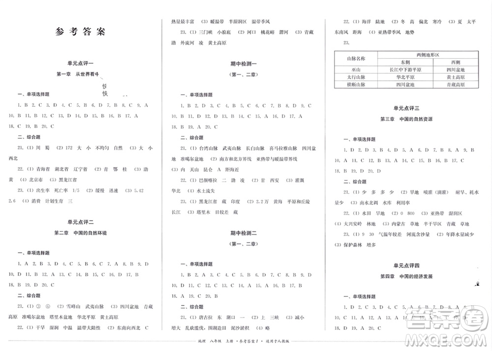 四川教育出版社2023年秋學(xué)情點(diǎn)評(píng)八年級(jí)地理上冊(cè)人教版參考答案