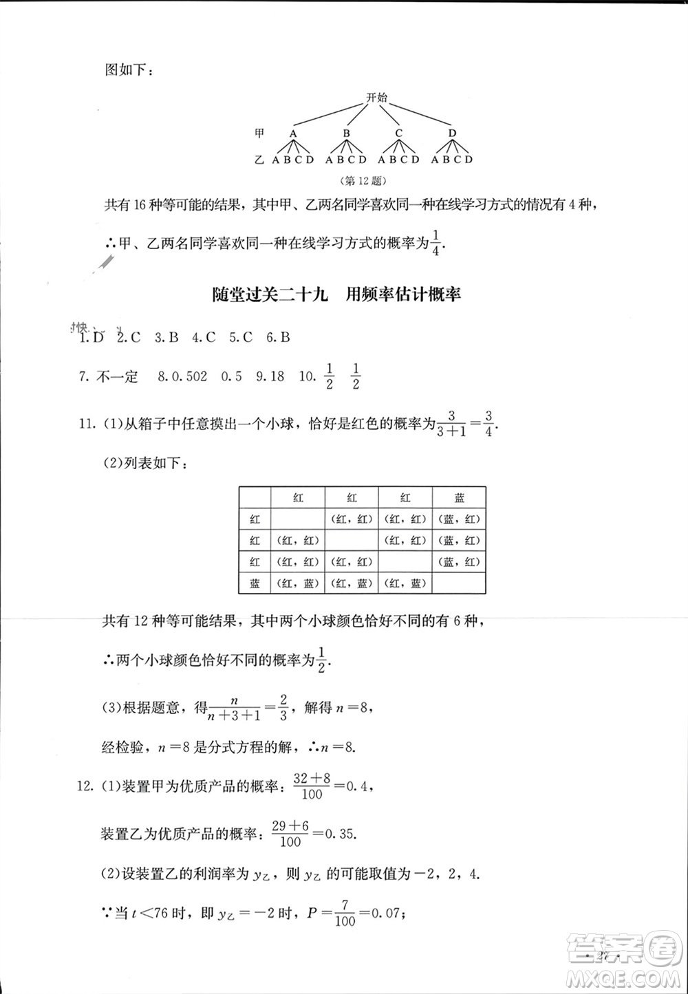 四川教育出版社2023年秋學(xué)情點評九年級數(shù)學(xué)上冊人教版參考答案