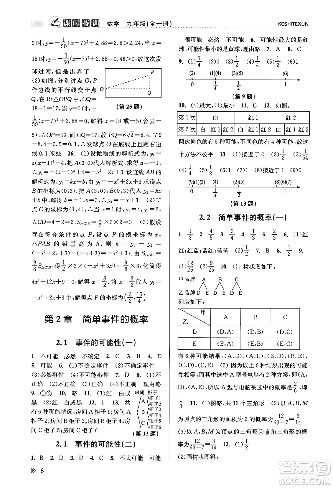 浙江人民出版社2023年秋課時特訓(xùn)九年級數(shù)學全一冊浙教版答案