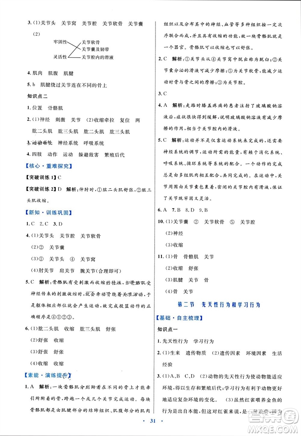 內(nèi)蒙古教育出版社2023年秋初中同步學(xué)習(xí)目標(biāo)與檢測(cè)八年級(jí)生物上冊(cè)人教版參考答案