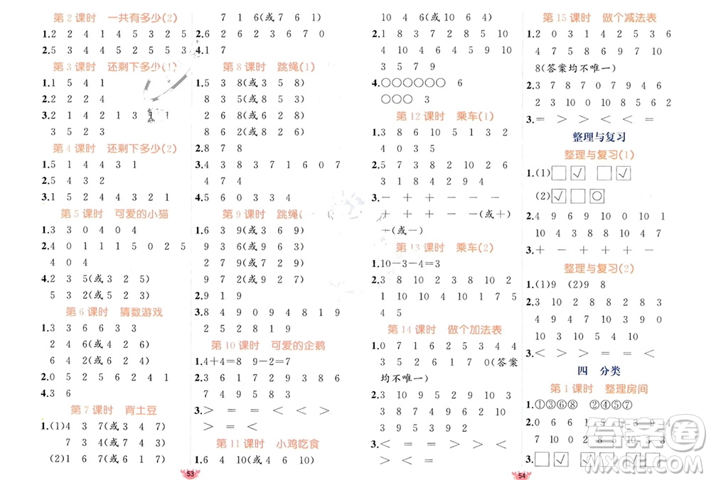 新疆青少年出版社2023年秋原創(chuàng)新課堂一年級數(shù)學(xué)上冊北師大版參考答案