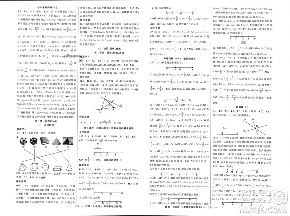 新疆青少年出版社2023年秋原創(chuàng)新課堂七年級數(shù)學(xué)上冊湘教版參考答案