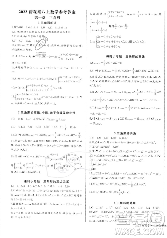 長江少年兒童出版社2023年秋思維新觀察八年級數(shù)學(xué)上冊人教版湖北專版答案