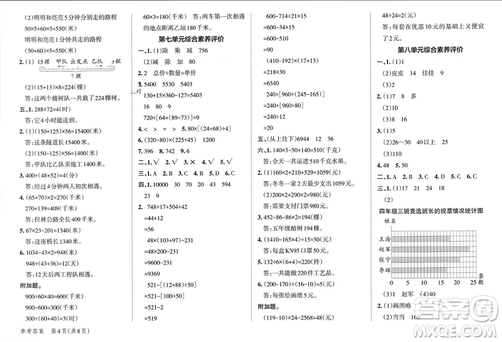 遼寧教育出版社2023年秋小學(xué)學(xué)霸單元期末標(biāo)準(zhǔn)卷四年級(jí)數(shù)學(xué)上冊青島版參考答案