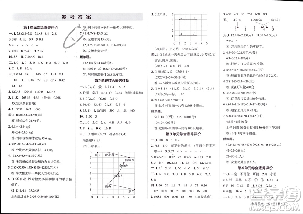 陜西師范大學(xué)出版總社有限公司2023年秋小學(xué)學(xué)霸單元期末標(biāo)準(zhǔn)卷五年級(jí)數(shù)學(xué)上冊(cè)人教版參考答案