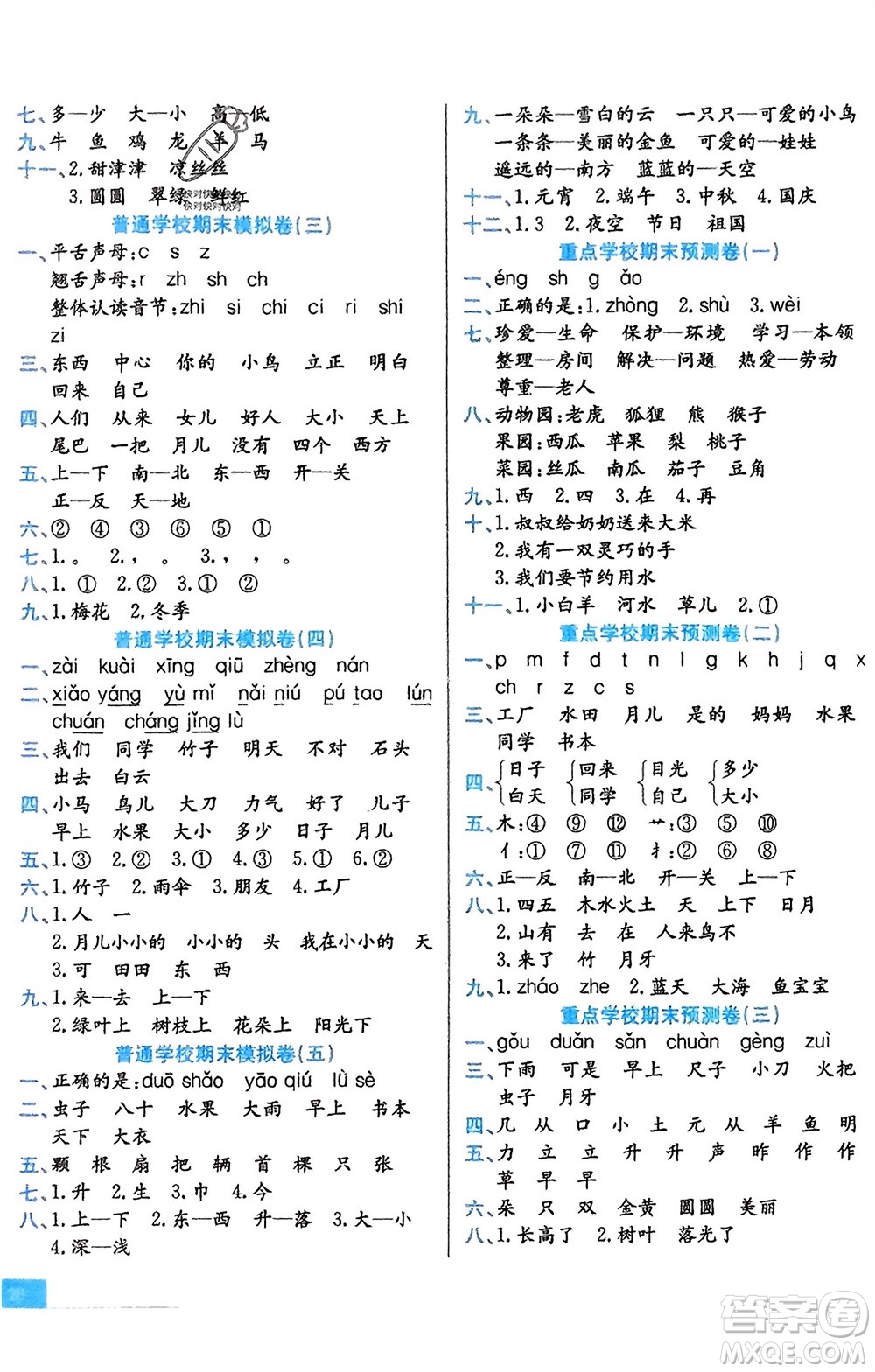 合肥工業(yè)大學出版社2023年秋期末沖刺100分金卷一年級語文上冊通用版參考答案