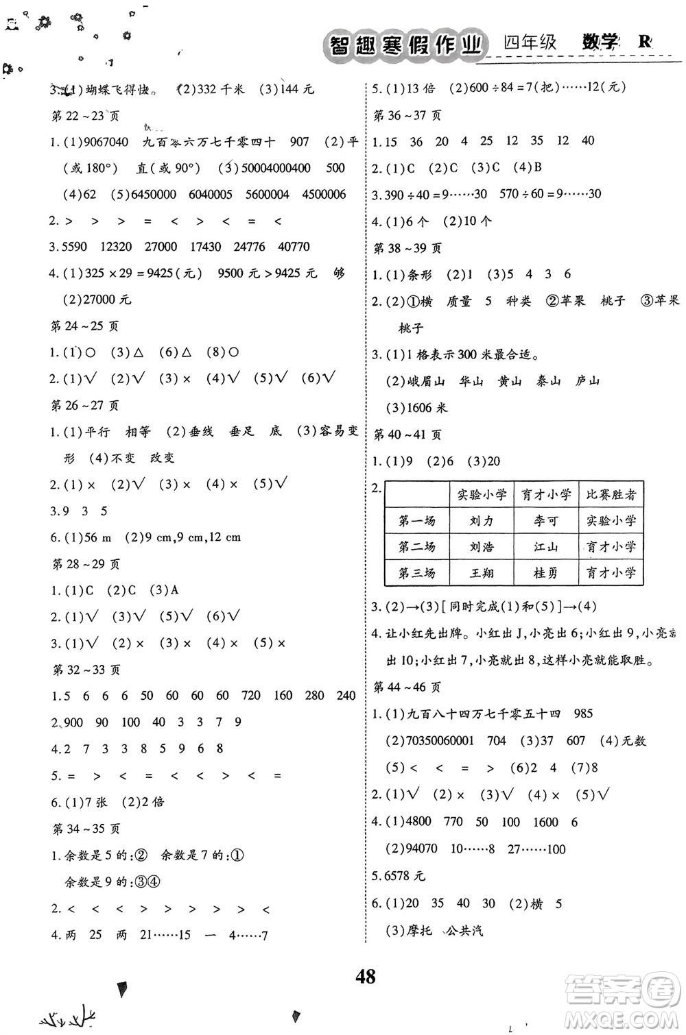 云南科技出版社2024智趣寒假作業(yè)四年級數(shù)學人教版參考答案