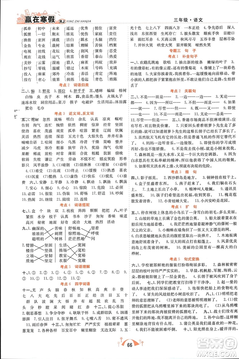 合肥工業(yè)大學(xué)出版社2024贏在寒假期末闖關(guān)三年級語文人教版參考答案