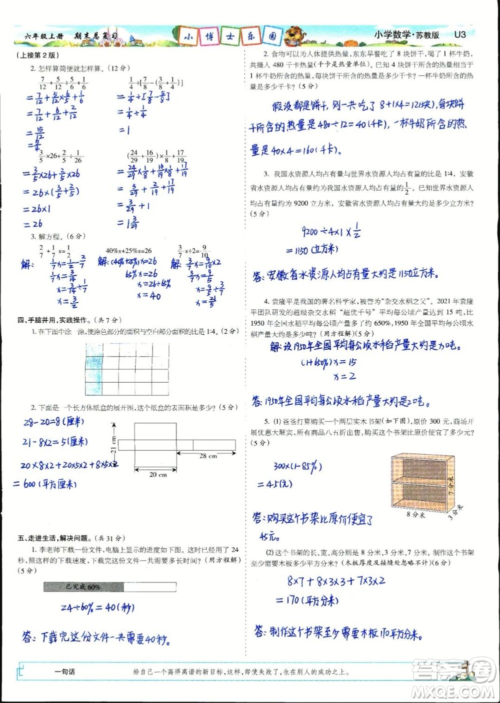 2023年秋少年智力開發(fā)報(bào)六年級數(shù)學(xué)上冊蘇教版期末總復(fù)習(xí)合刊參考答案