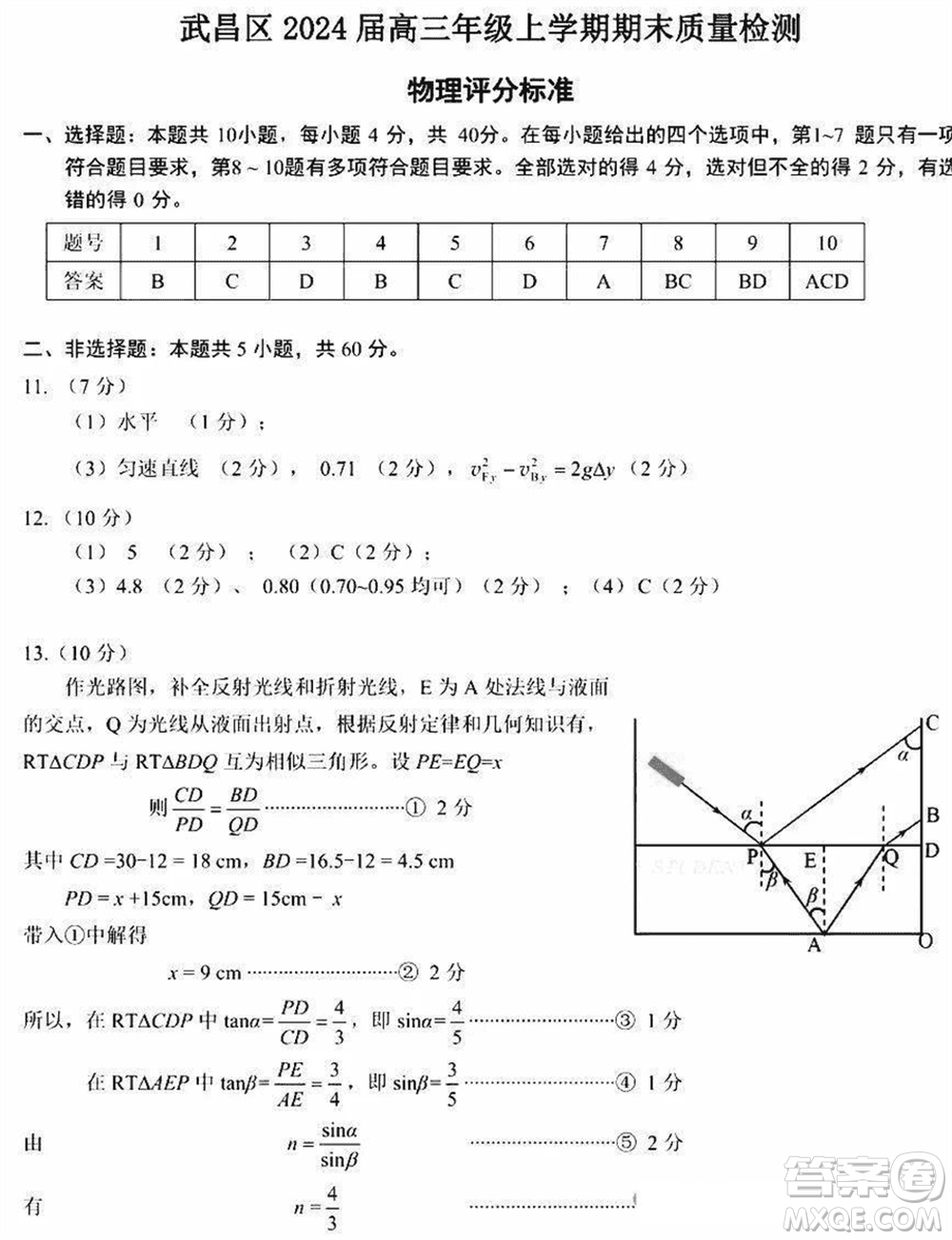 武漢市武昌區(qū)2024屆高三上學(xué)期期末考試質(zhì)量檢測物理參考答案