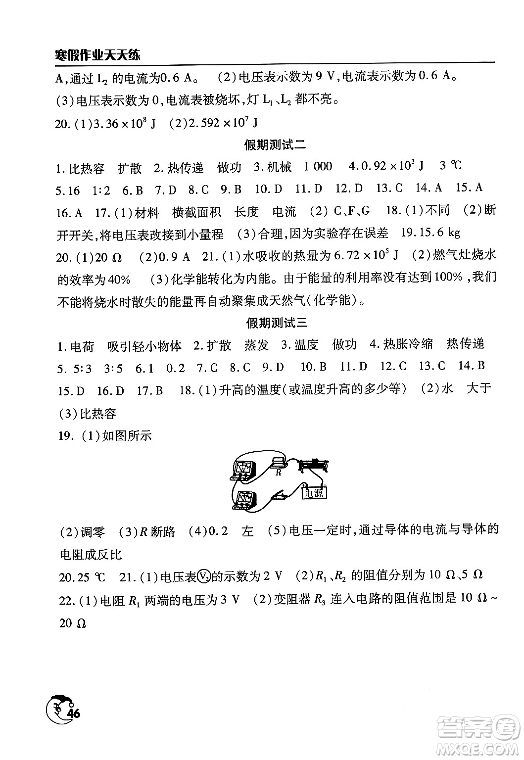 文心出版社2024年寒假作業(yè)天天練九年級(jí)物理通用版答案