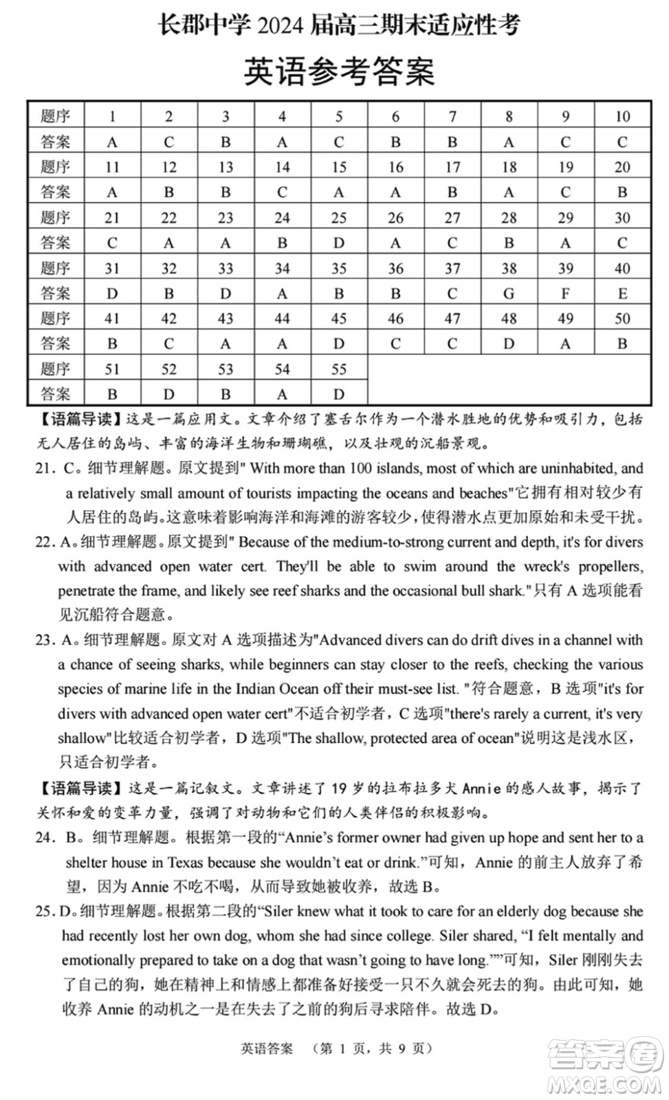 長郡中學(xué)2024屆高三上學(xué)期期末適應(yīng)性考試英語參考答案