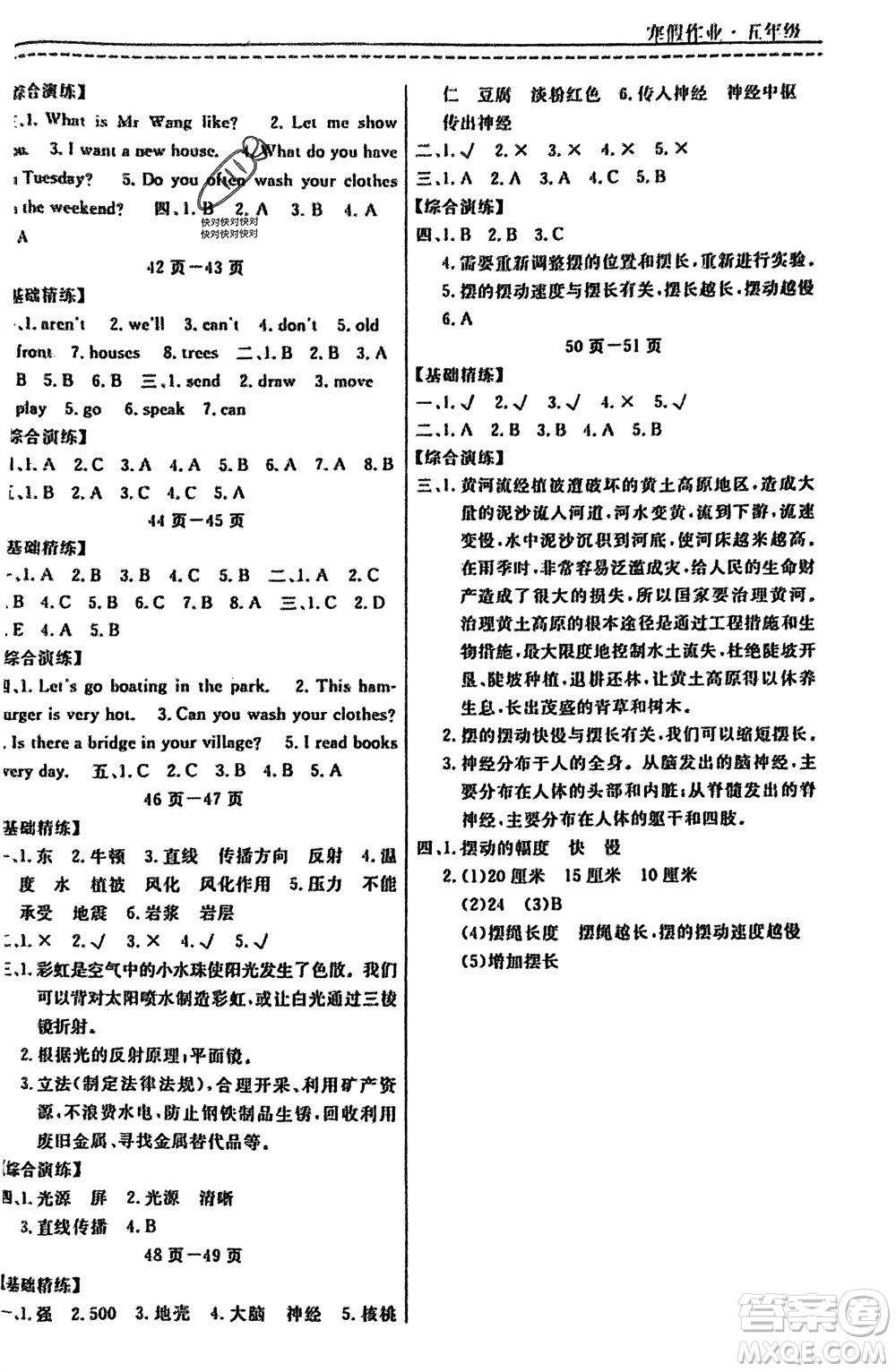 寧波出版社2024快樂假期寒假作業(yè)五年級全冊合訂本通用版參考答案