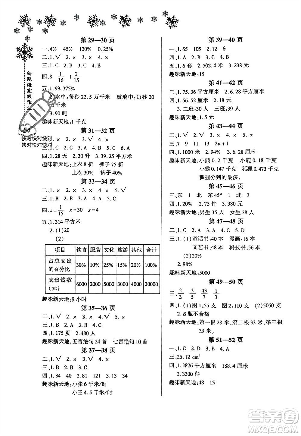 河南電子音像出版社2024新思維寒假作業(yè)小學(xué)數(shù)學(xué)六年級人教版參考答案