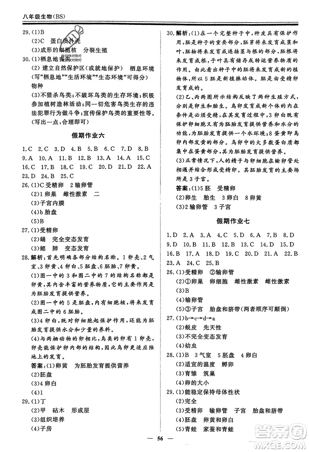 鄭州大學(xué)出版社2024新思維假期作業(yè)必刷題八年級生物北師大版參考答案