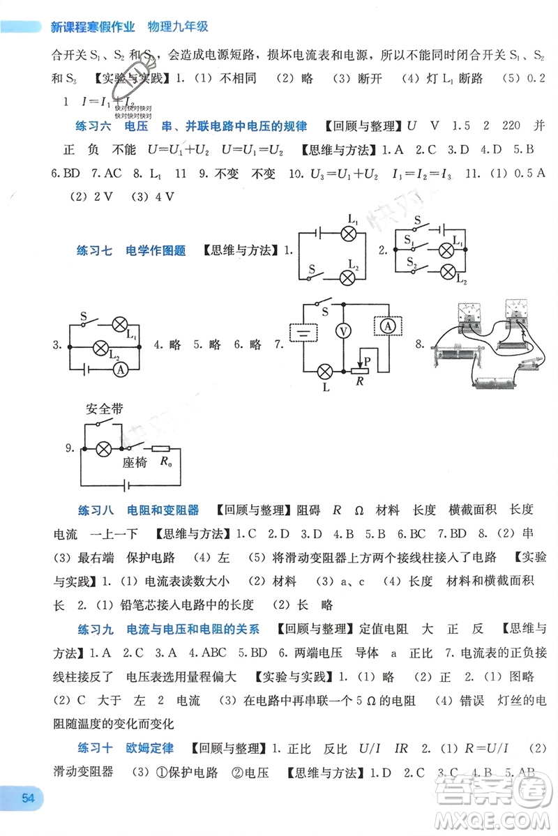 廣西教育出版社2024新課程寒假作業(yè)九年級物理通用版參考答案