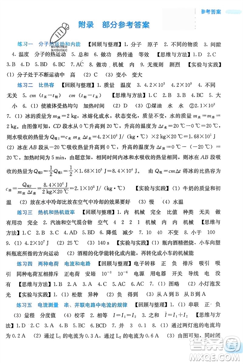 廣西教育出版社2024新課程寒假作業(yè)九年級物理通用版參考答案