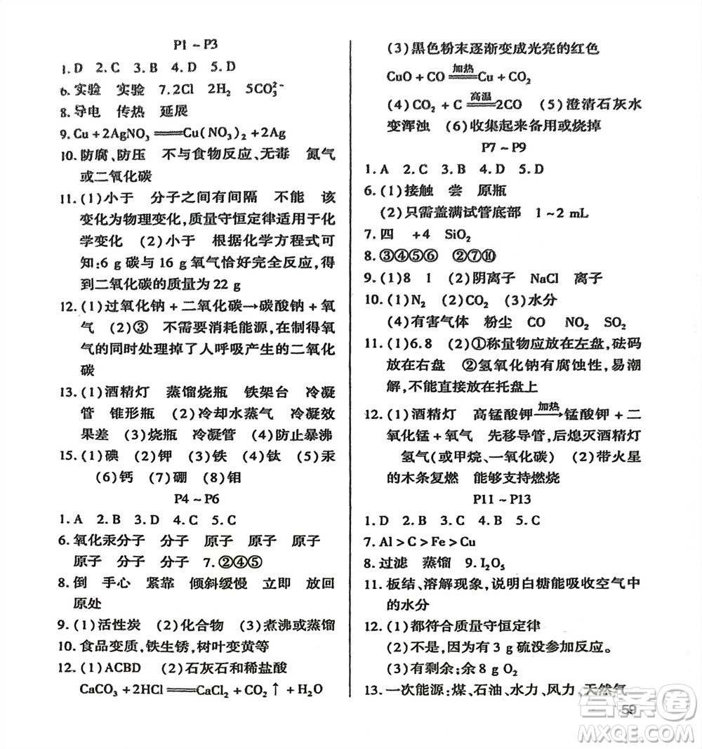 世界圖書出版公司2024假期學習樂園寒假作業(yè)九年級化學通用版參考答案