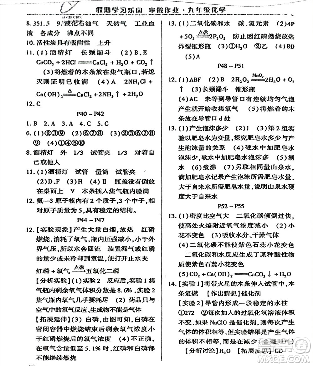 世界圖書出版公司2024假期學習樂園寒假作業(yè)九年級化學通用版參考答案