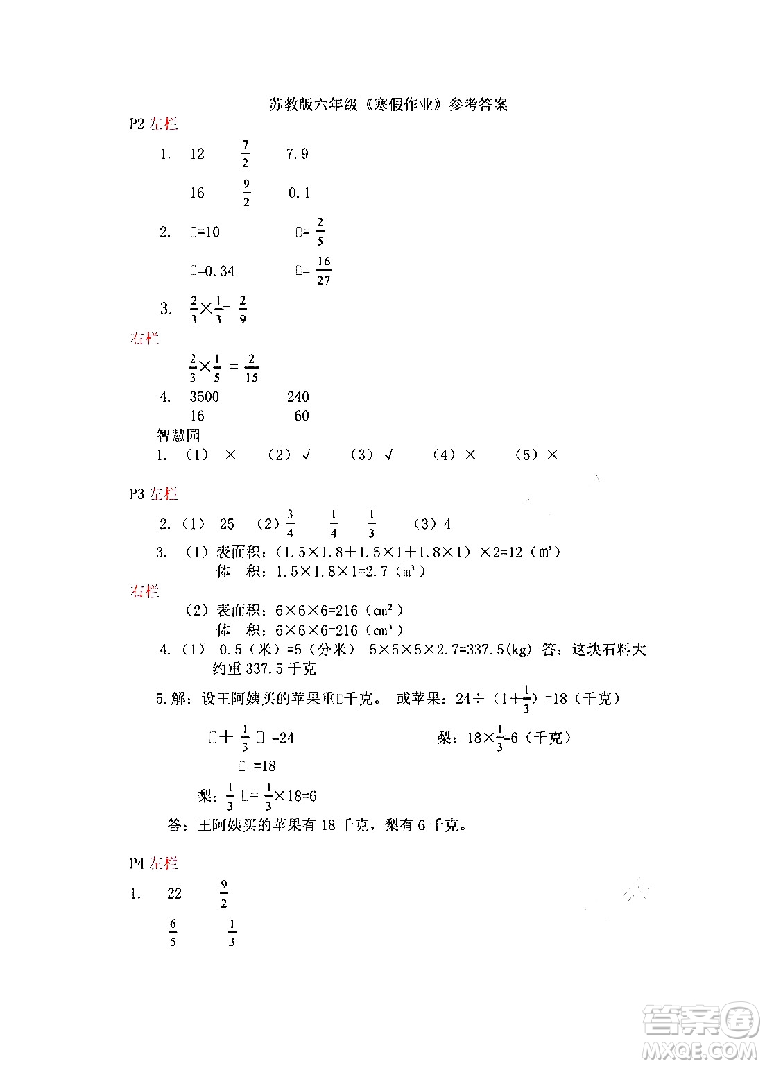 安徽少年兒童出版社2024寒假作業(yè)六年級數(shù)學(xué)蘇教版答案